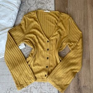 Madewell Yellow Ribbed Cardigan Top Fitted Button Front Bell Sleeve Spring